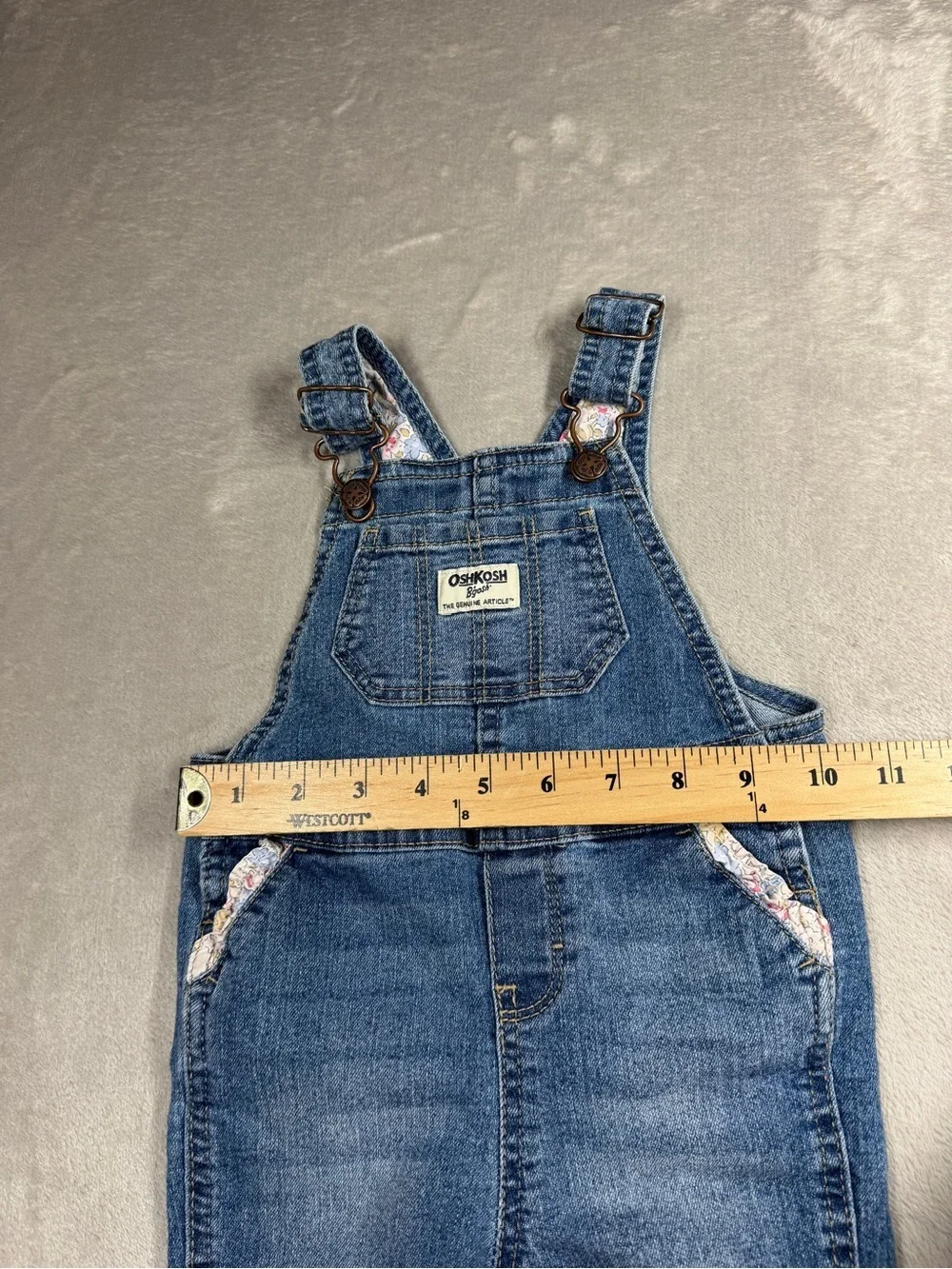 Oshkosh B’Gosh Baby Girl Denim Blue Jean Floral Trim Overalls Size 18 Months